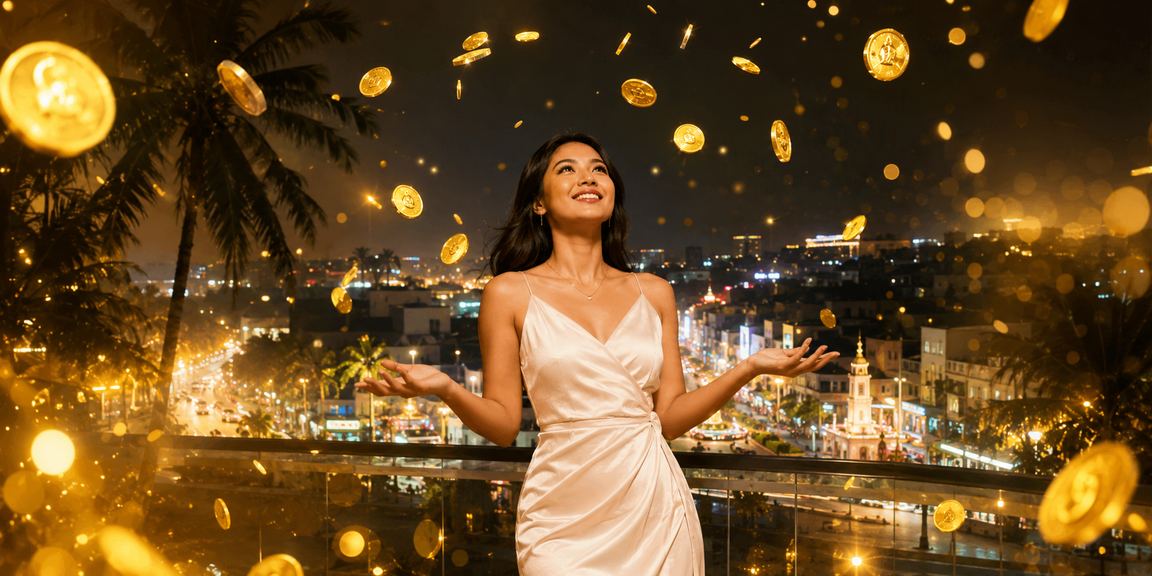 Model cantik menikmati permainan casino dengan tampilan penuh percaya diri dan gaya