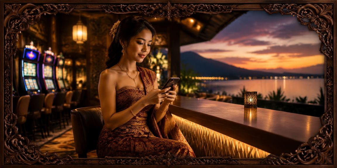 Wanita muda menggunakan aplikasi mobile casino sambil tersenyum di dalam ruangan modern