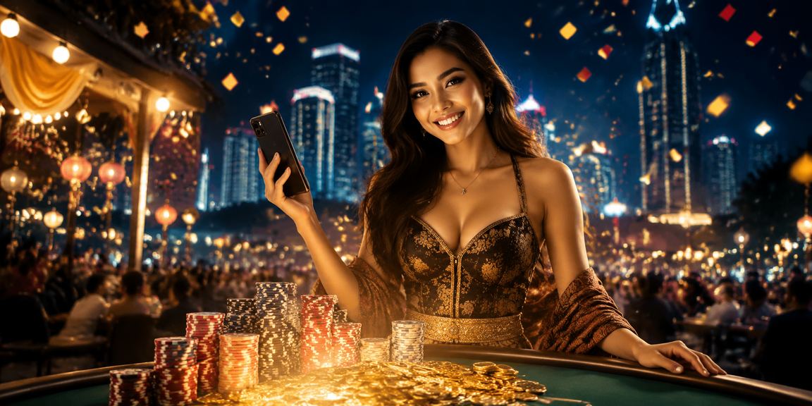 Orang bermain casino mobile di tengah keramaian pasar malam yang bercahaya terang