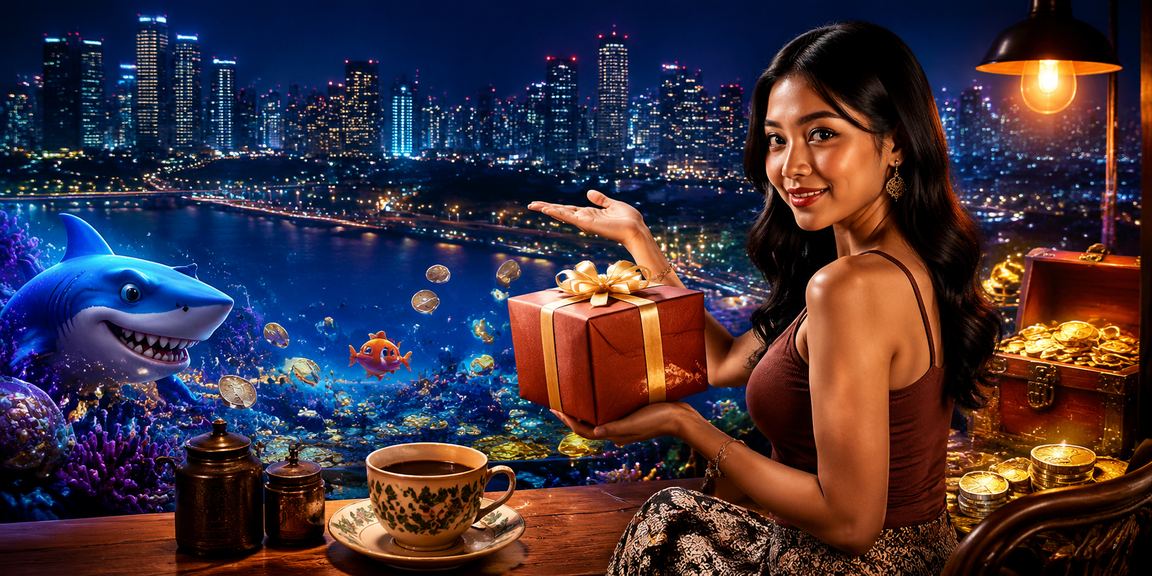 Game arcade memancing ikan dengan suasana kafe Vietnam yang santai dan penuh warna